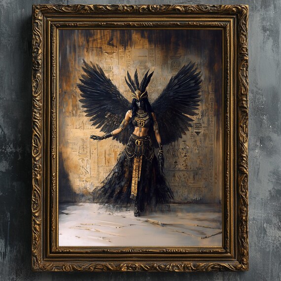 Maat Egyptian Goddess Black Winged Gold Ancient Oil Art Print
