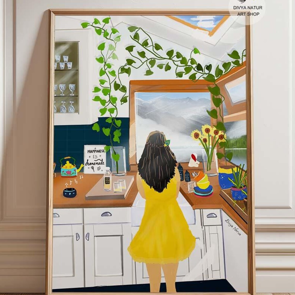 Girl Washing Dishes Art Print, Kitchen Window View