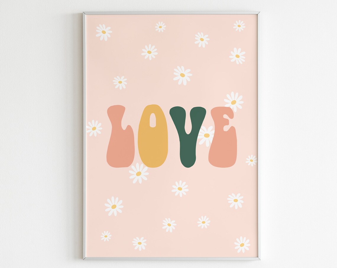 Love Groovy Retro Letters with Daisy Flowers Pink Art Poster