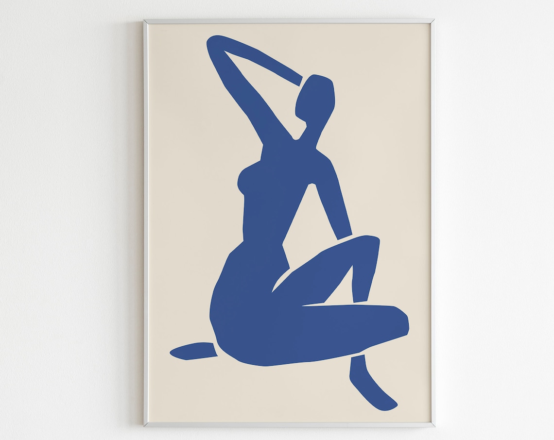 Abstract Blue Female Figure Matisse Style Paper Cut Art Poster