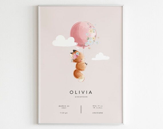 Personalized Fox Pink Balloon Baby Birth Stats Nursery Poster