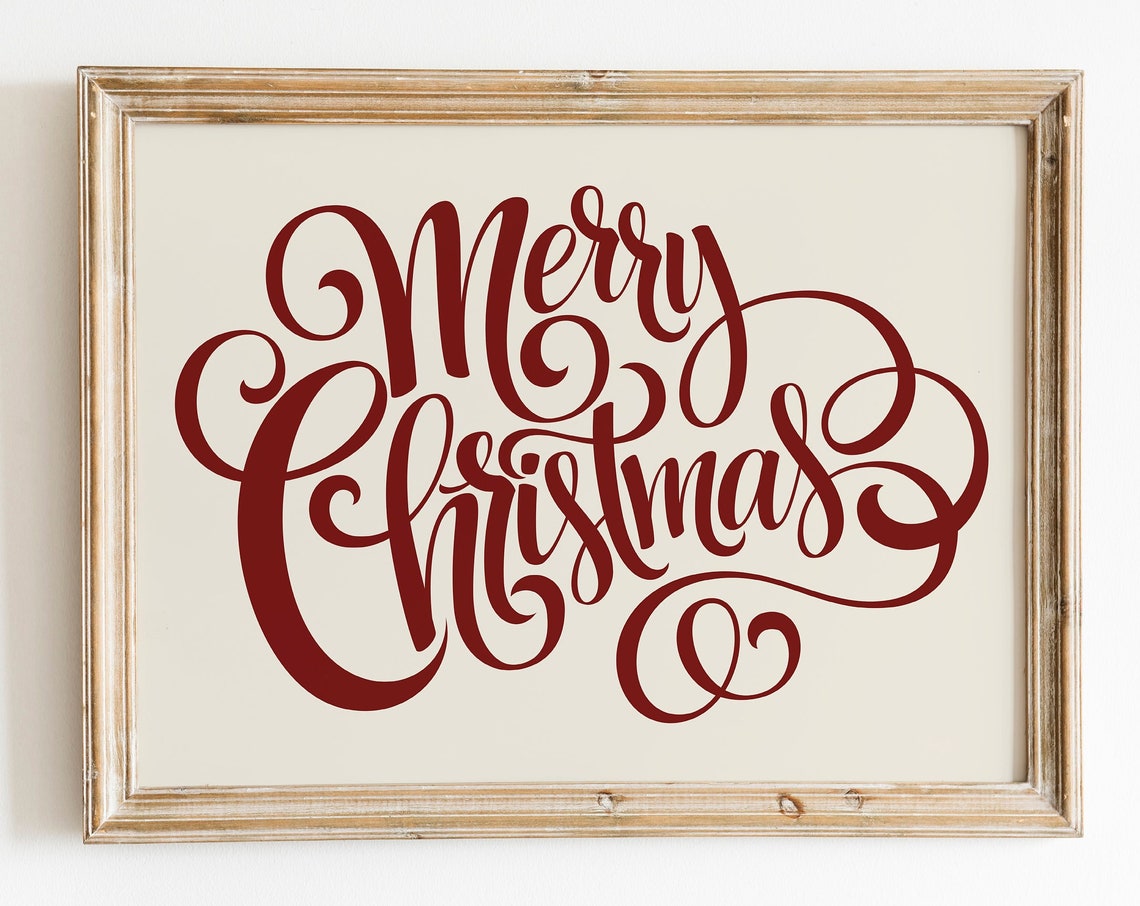 Merry Christmas Script Typography Holiday Sign Burgundy Cream Wall Art