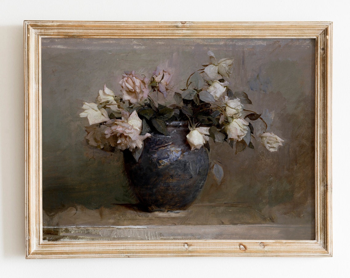 White Roses In A Vase Paintingantique European Wall Artflowers Still Life Printbotanical Oil Paintingneutral Color French Art