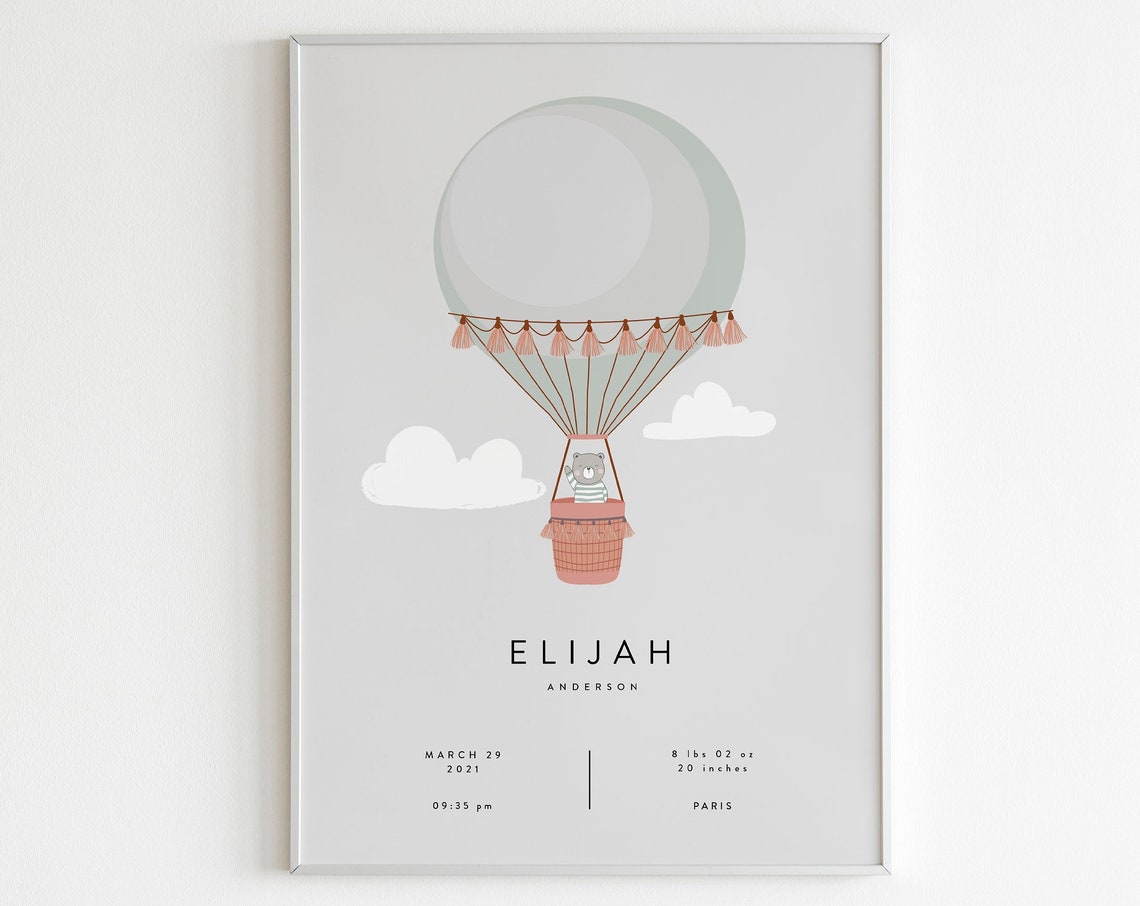 Personalized Bear Hot Air Balloon Birth Stats Nursery Poster