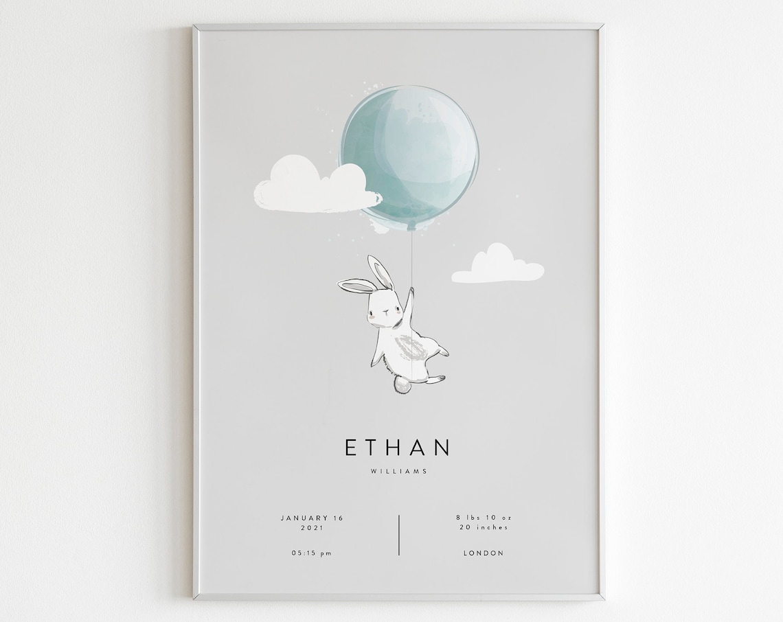 Bunny Balloon Personalized Baby Boy Birth Stats Sign