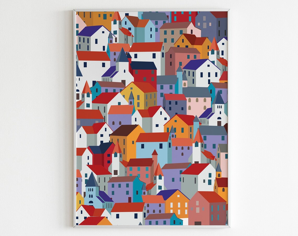 Colorful Geometric Village Houses Illustration Modern Cityscape Poster