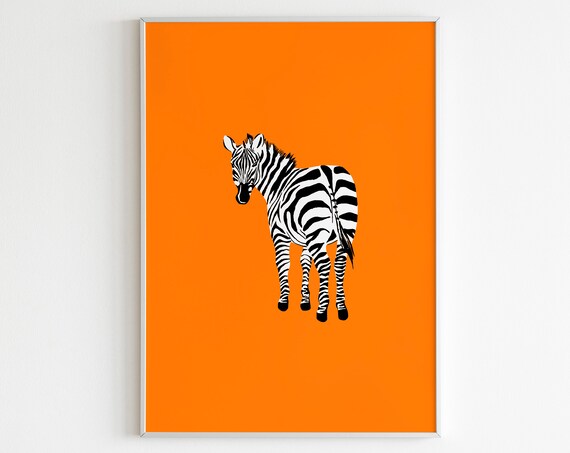 Zebra Standing on Bold Orange Background Safari Animal Art Poster