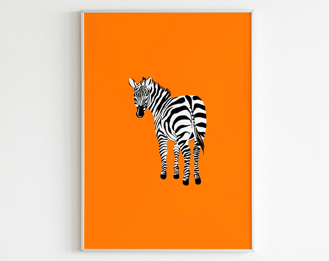 Zebra Standing on Bold Orange Background Safari Animal Art Poster