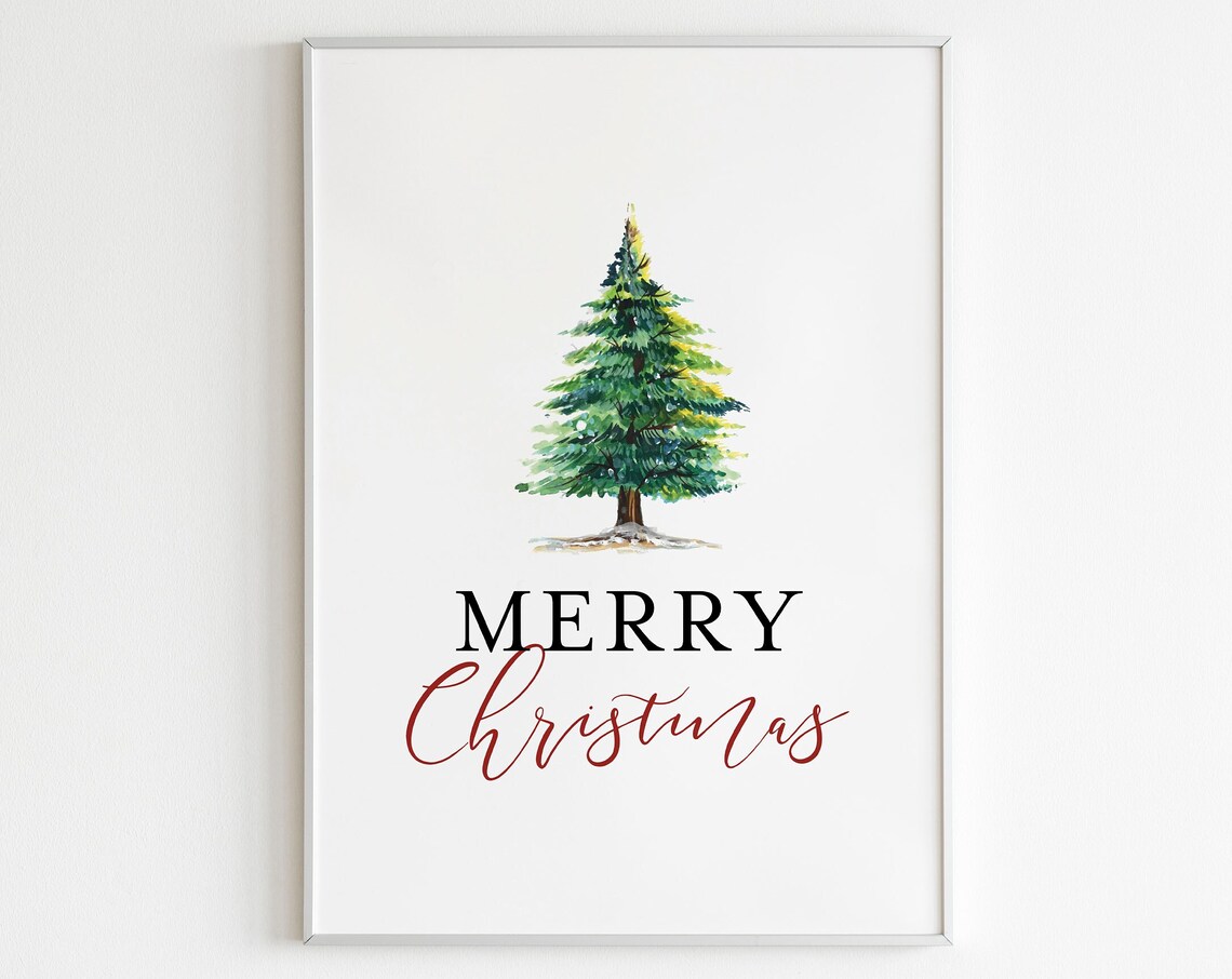 Merry Christmas Watercolor Pine Tree Elegant Holiday Art Poster