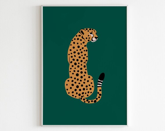Sitting Cheetah Flat Illustration Dark Green Modern Animal Poster