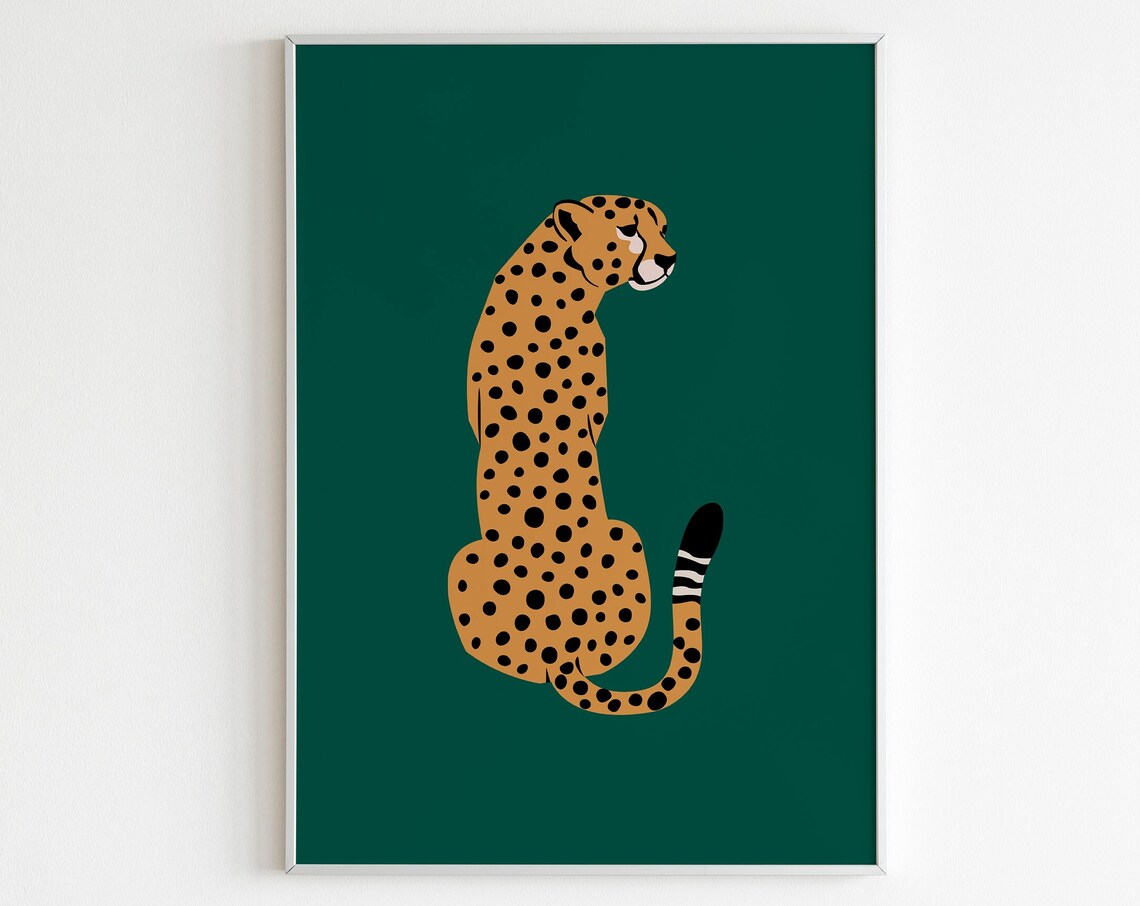 Sitting Cheetah Flat Illustration Dark Green Modern Animal Poster