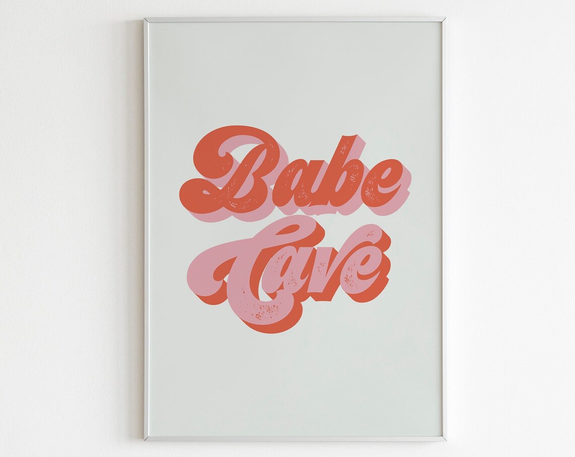 Babe Cave Retro Script Typography Coral Pink Girls Room Poster Sign - Image 2