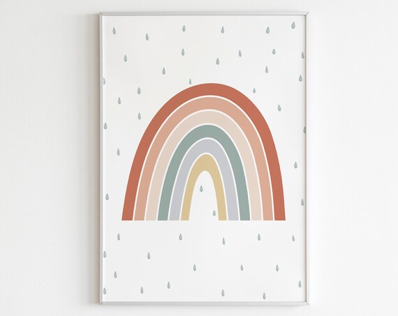 Soft Boho Watercolor Rainbow Raindrop Nursery Kids Room Print