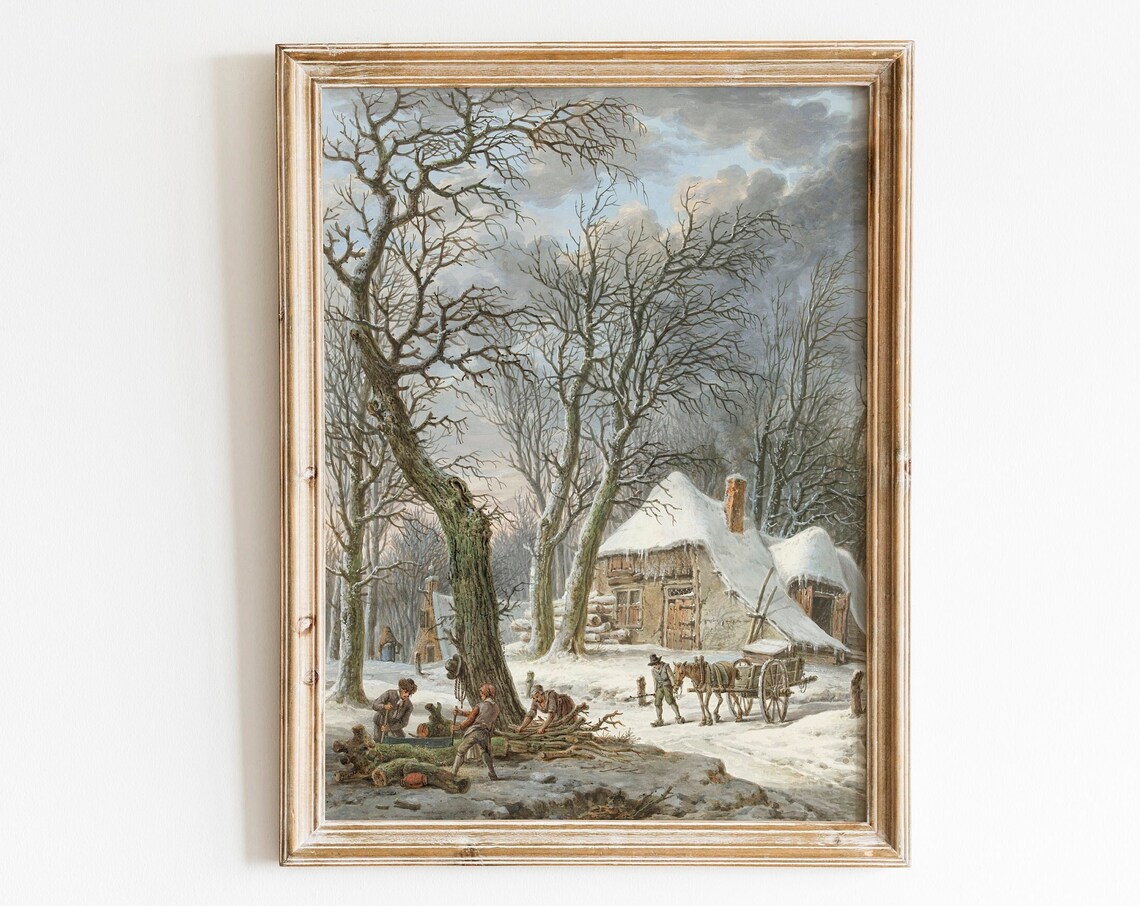 Vintage Winter Landscape Cottage Woodcutters Snowy Village Oil Print