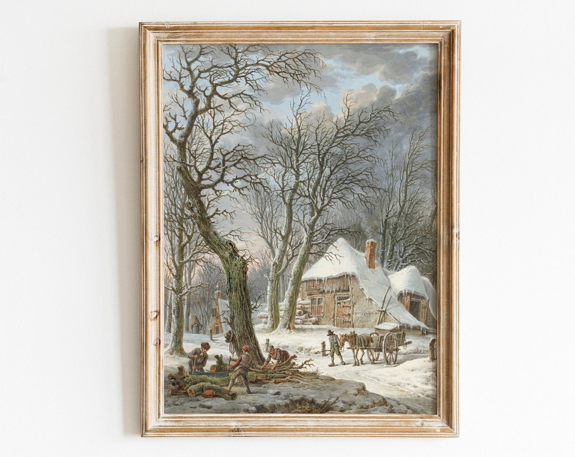 Winter Landscape Painting Wall Art Vintage Christmas Gallery Wall Christmas Print Sleigh Poster Snow Painting Woods Horses Print
