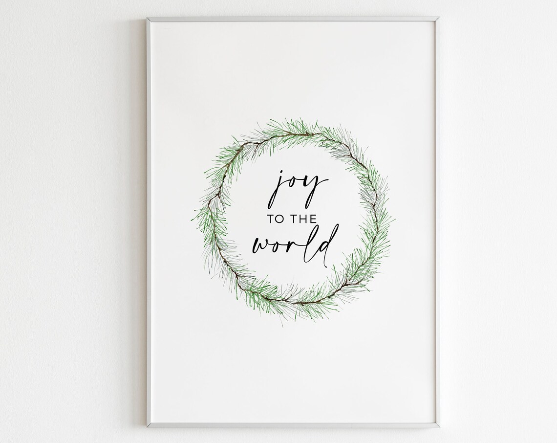 Joy to the World Script Pine Wreath Elegant Christmas Art Poster