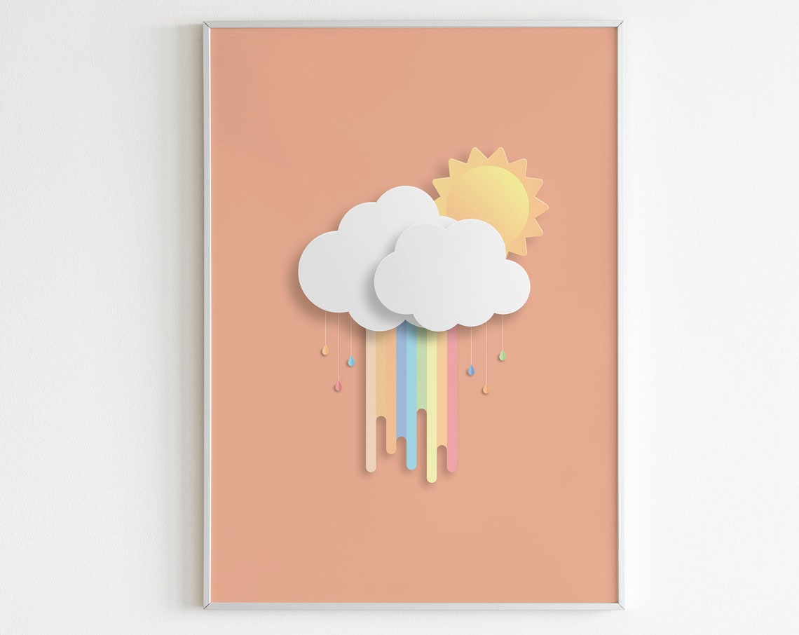 Rainbow Paper Cut Clouds Sun and Rain Peach Nursery Art Poster