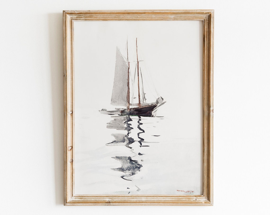 Minimalist Sailboat Watercolor Boat Reflection Monochrome Art Poster - Image 2