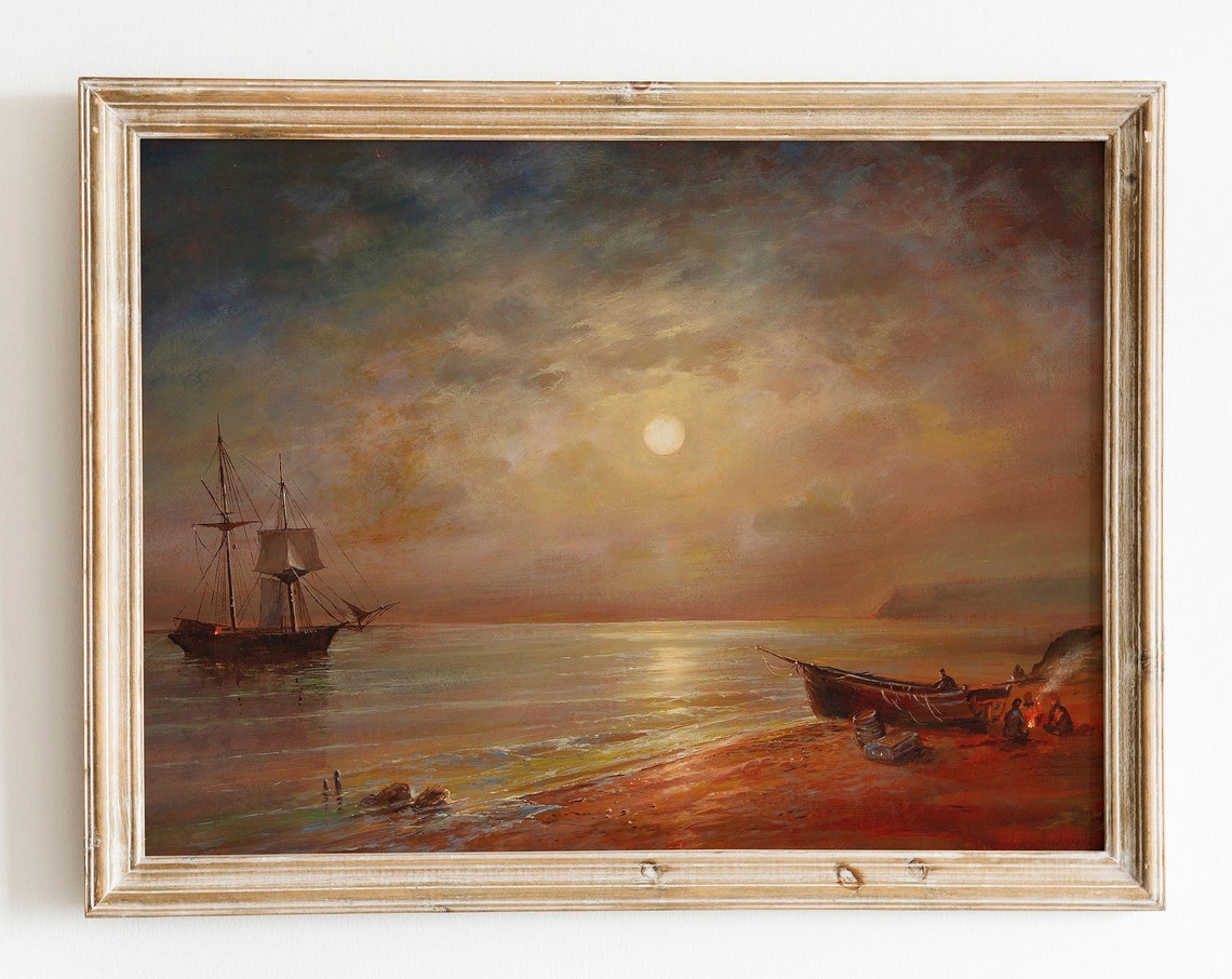 Dramatic Moonlit Night Over A Coastal Sea Antique Oil Painting Print - Image 3