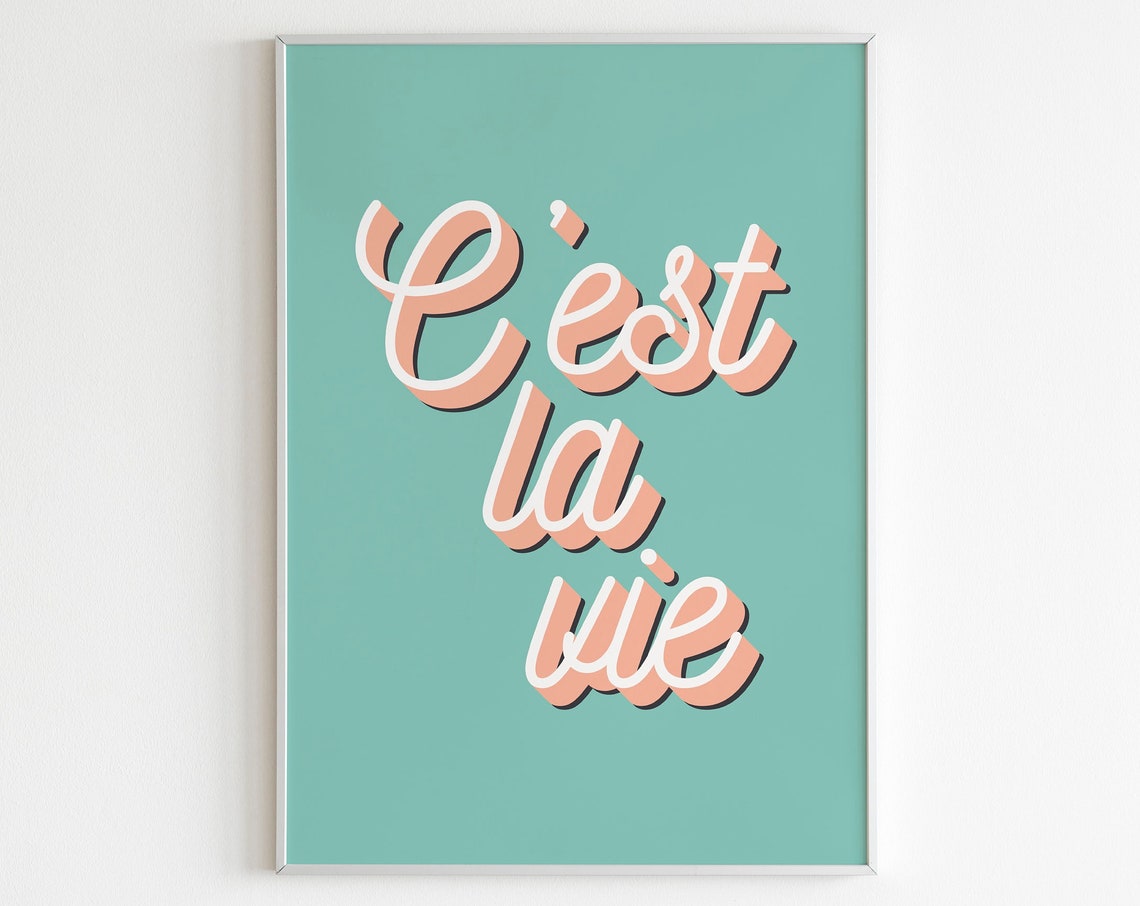 C'est La Vie Peach Script Typography Teal Retro French Poster