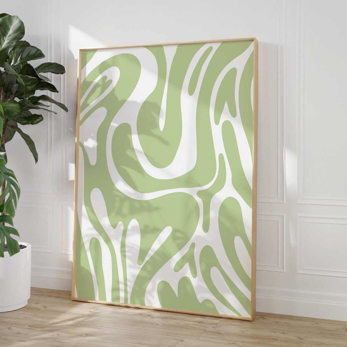 Green Wavy Groovy Abstract Swirl Modern Minimalist Art Poster