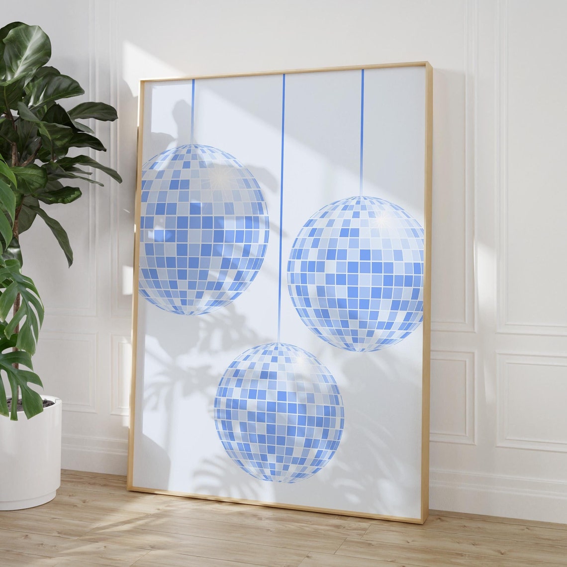 Blue Mosaic Disco Balls Hanging White Sparkly Party Decor Poster