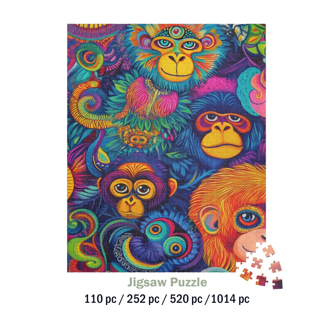 Colorful Psychedelic Monkey Faces Vibrant Jungle Puzzle Art Poster