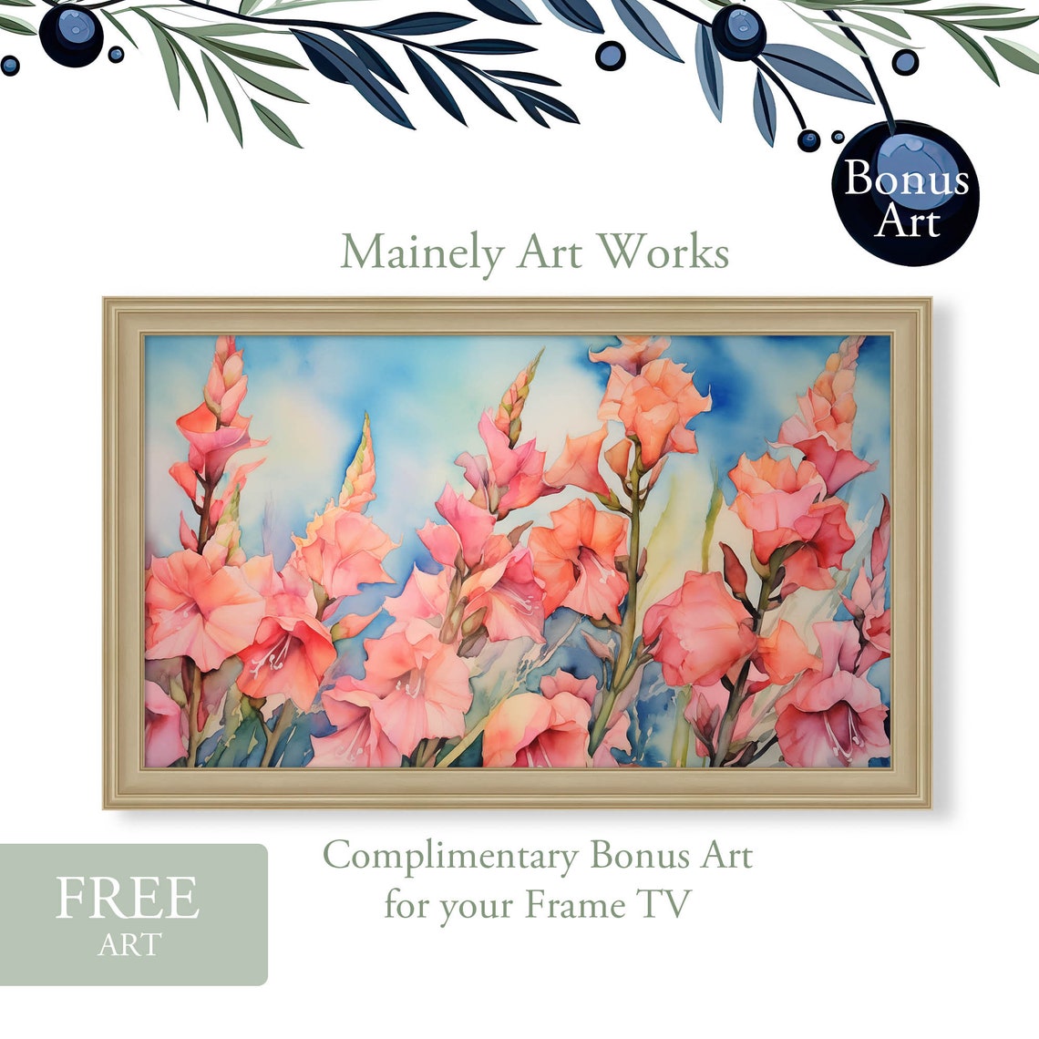 Soft Pink Gladiolus Flower Spikes Pastel Watercolor Floral Poster - Image 2