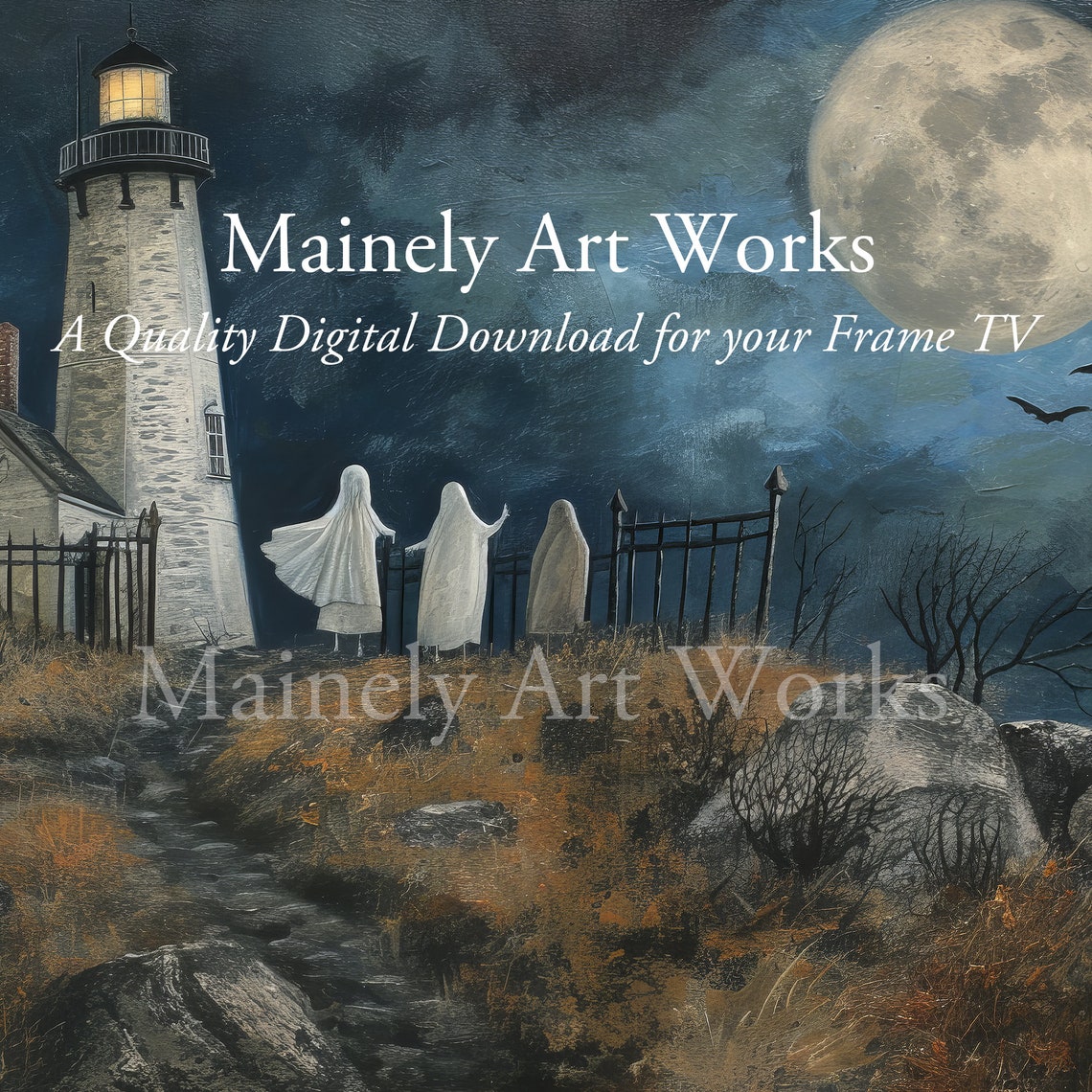 Haunted Lighthouse Ghosts Full Moon Bats Spooky Halloween Poster - Image 3