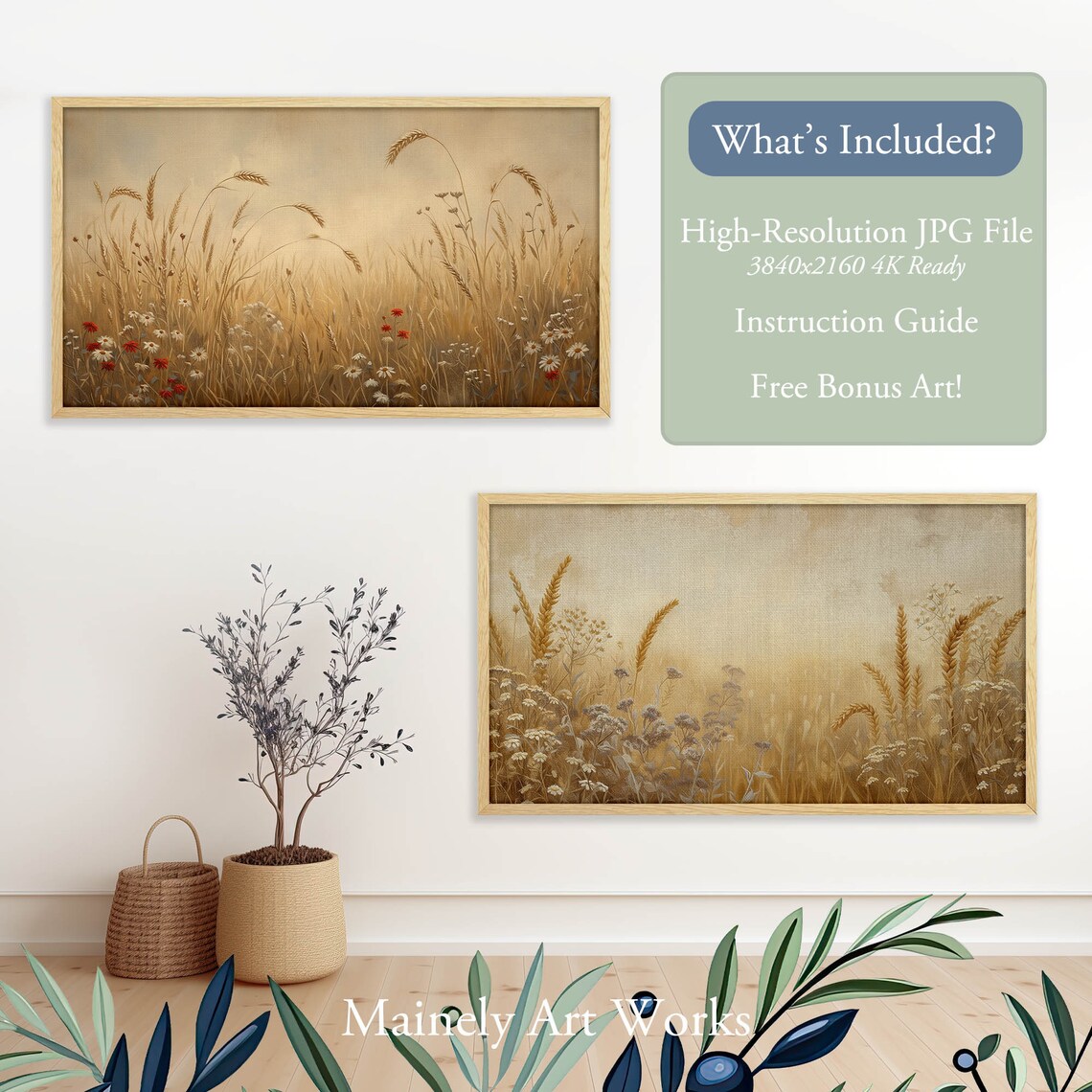 Country Art Frame Tv Wildflower Meadow Painting For Tv Wheat And Flowers Fall Vintage Painting Textured Style Art For Tv - Image 2