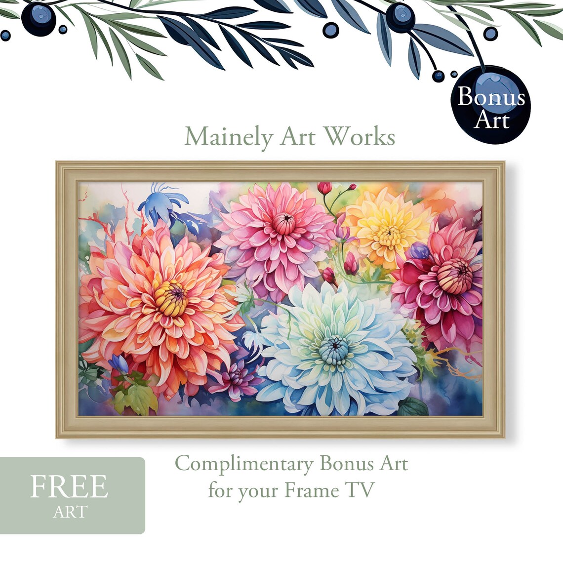 Autumn Chrysanthemum Flower Bloom Pink Magenta Teal Watercolor Poster - Image 2