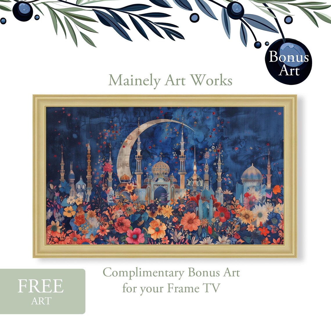 Taj Mahal Crescent Moon Starry Night Islamic Floral Garden Poster - Image 2
