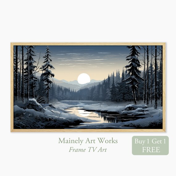Full Moon Over Snowy Pine Forest With Frozen Stream Winter Night Wall Art Print