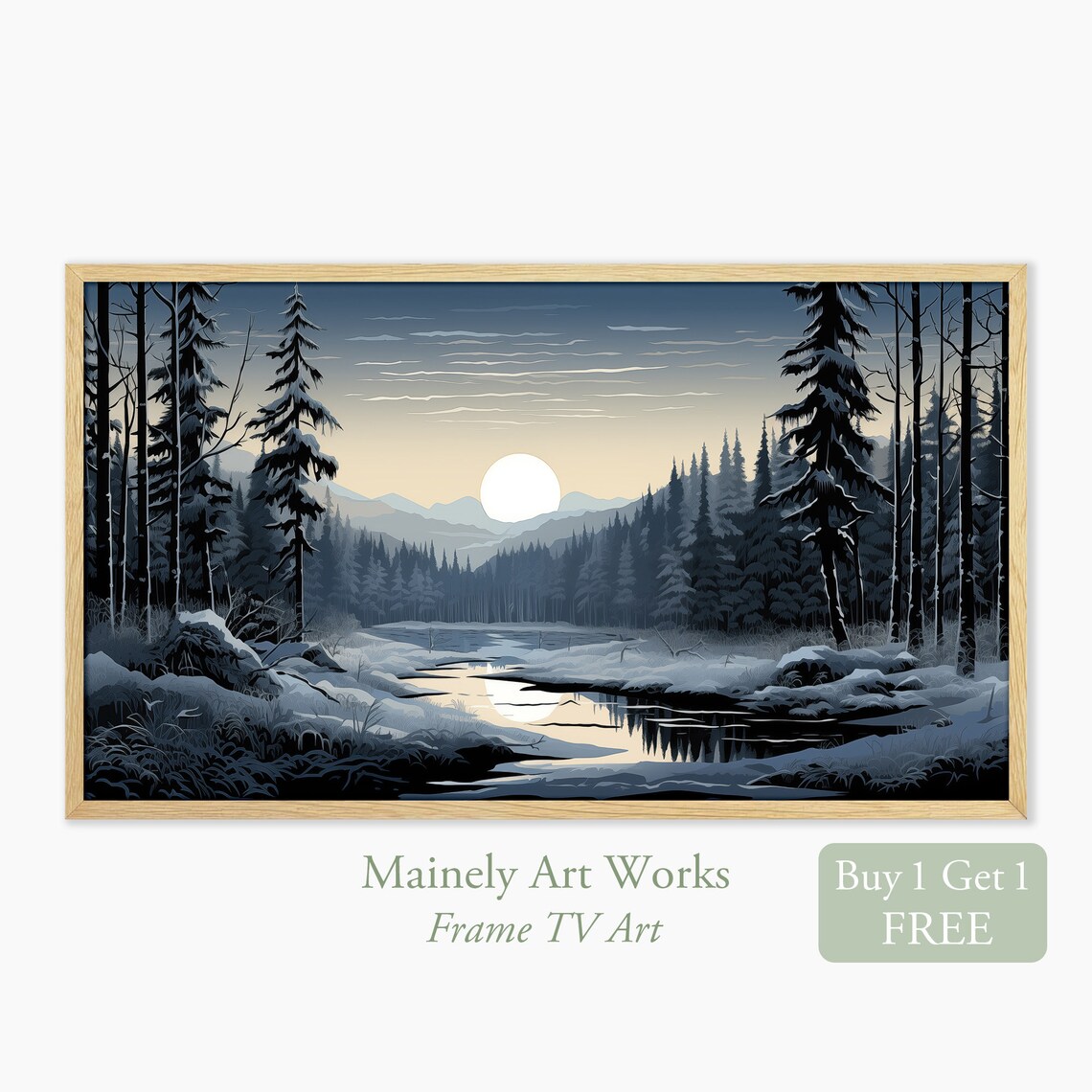 Full Moon Over Snowy Pine Forest With Frozen Stream Winter Night Wall Art Print