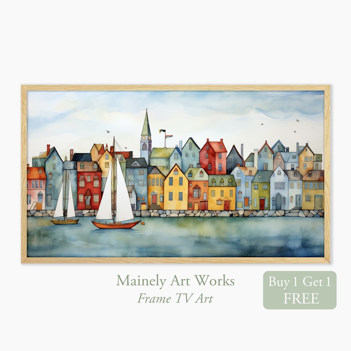 Coastal Village Summer Art Print, Nautical Decor