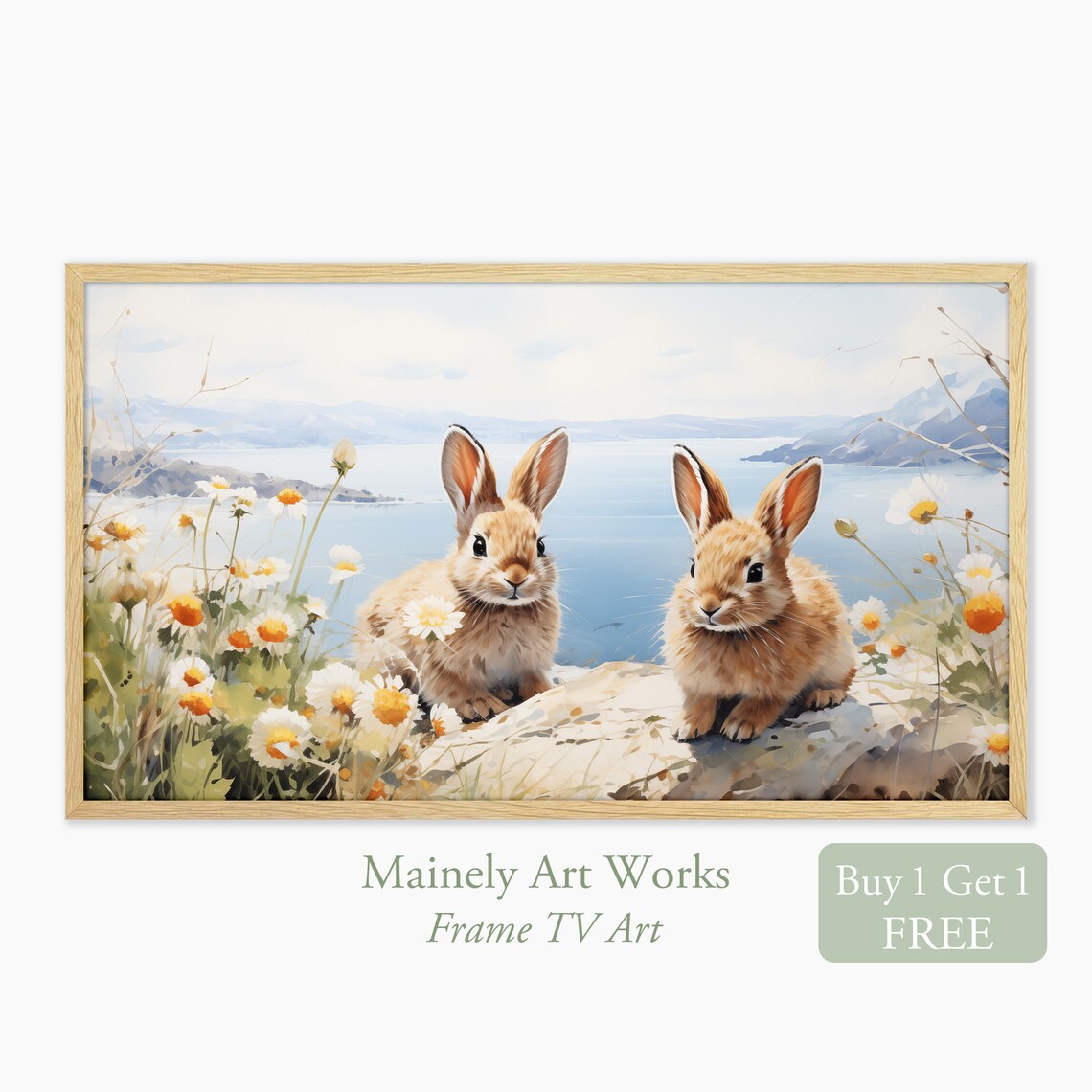 Two Baby Bunnies Among Wildflowers Coastal Meadow Summer Rabbit Wall Art Print