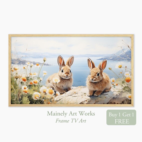 Two Baby Bunnies Among Wildflowers Coastal Meadow Summer Rabbit Wall Art Print