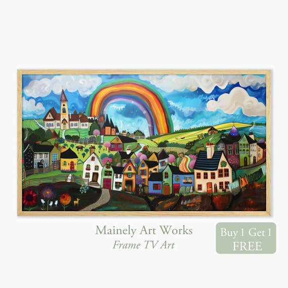 Rainbow Painting For Frame Tv Folk Art Painting Frame Tv Bright Rainbow St Patricks Day Tv Art Irish Houses