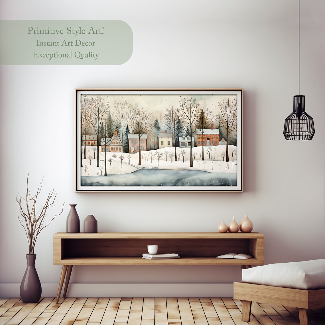 Snowy Winter Village Houses By Frozen Pond Folk Style Vintage Wall Art Print - Image 2