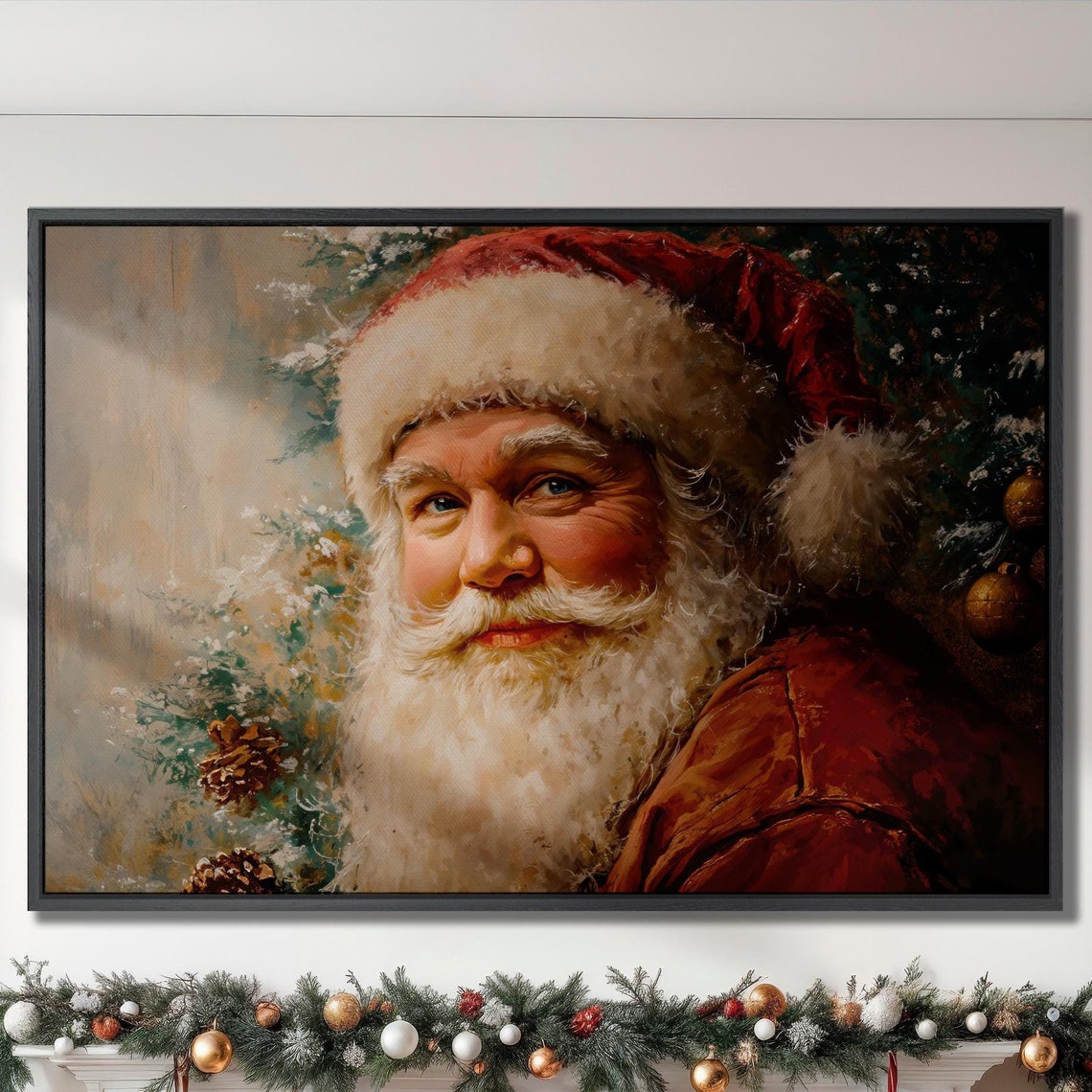 Santa Claus Portrait Smiling Beside Christmas Tree Art Poster