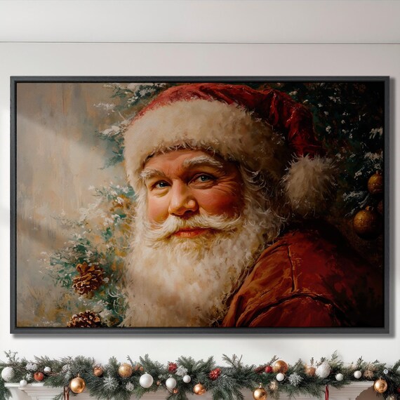 Santa Claus Portrait Smiling Beside Christmas Tree Art Poster