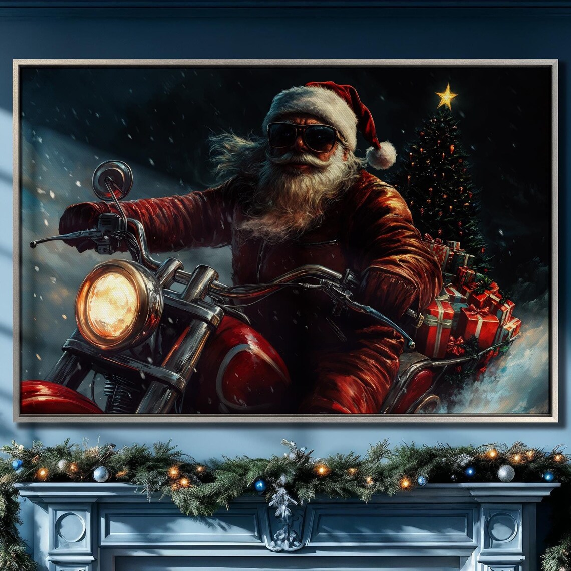 Biker Santa Claus Motorcycle Poster Riding Through Snowy Christmas Night