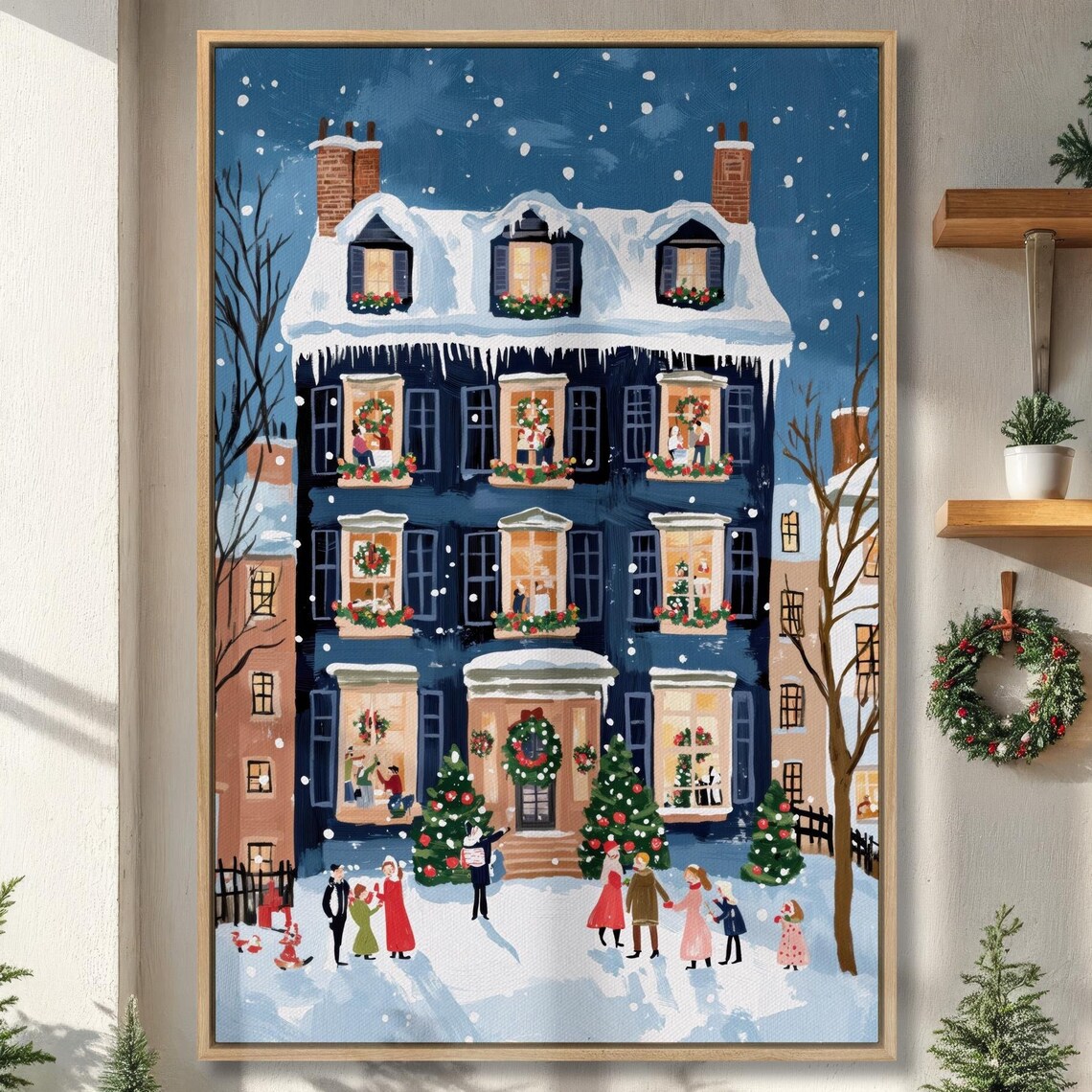Snowy Christmas Brownstone Holiday Carolers Winter Scene Art Poster