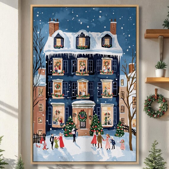 Snowy Christmas Brownstone Holiday Carolers Winter Scene Art Poster