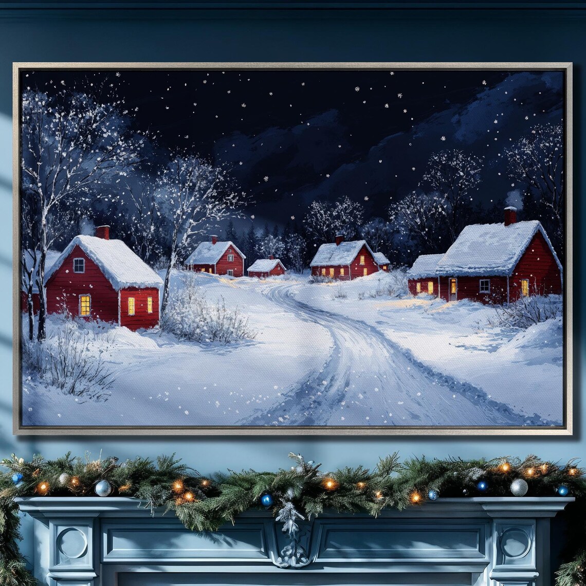 Snowy Village Red Cabins At Night Under Starry Sky Art Poster