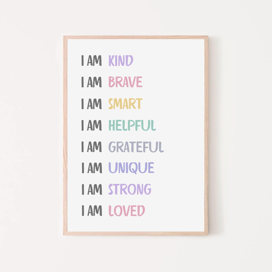 I Am Kind Brave Smart Strong Loved Pastel Affirmation List Kids Poster