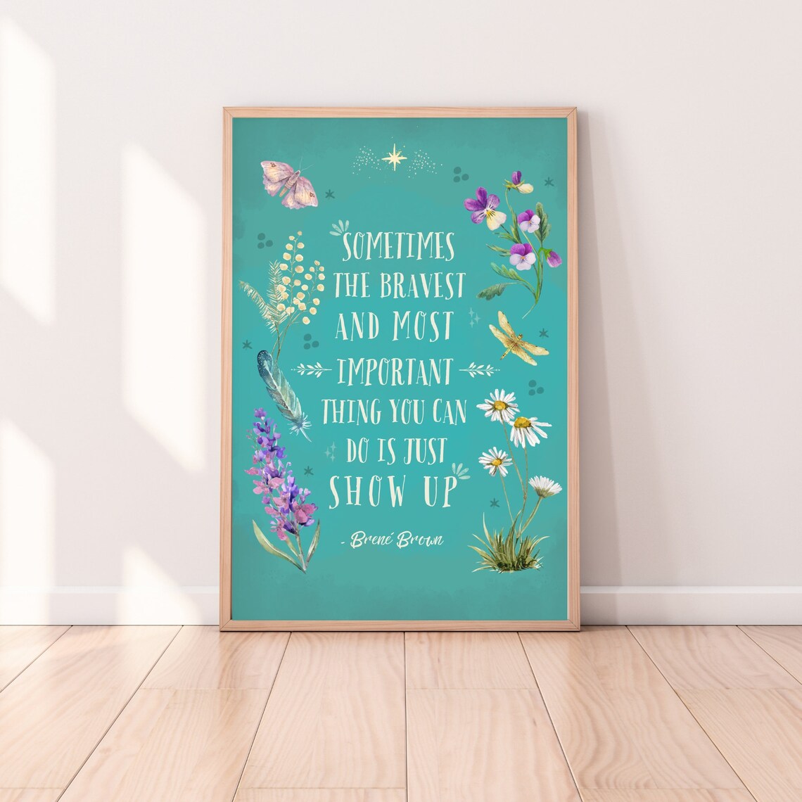 Brene Brown Just Show Up Quote Teal Floral Botanical Wall Poster - Image 4