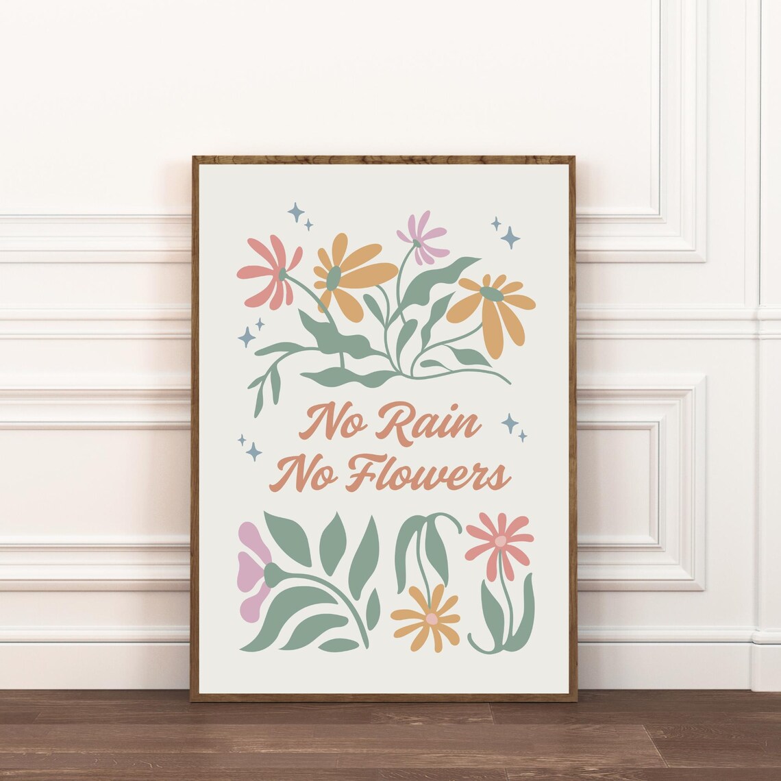No Rain No Flowers Retro Floral Quote Art Print - Image 3