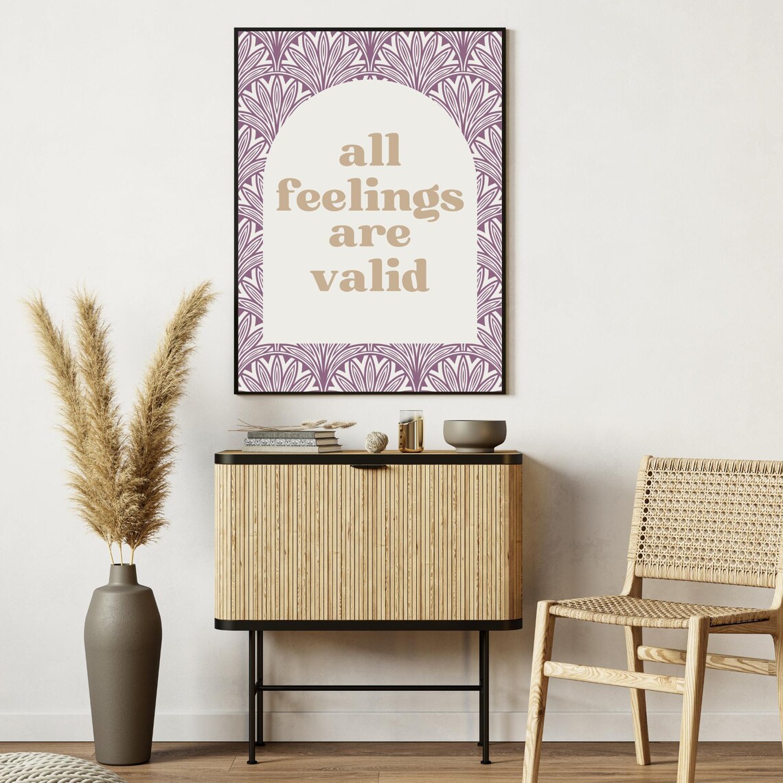 All Feelings Are Valid Mental Health Quote Mauve Leaf Pattern Poster - Image 4