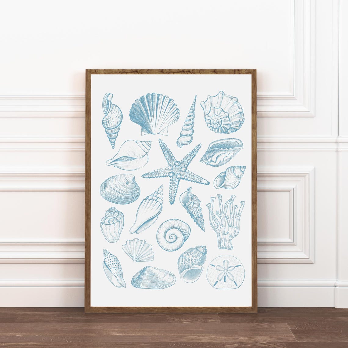 Blue Seashell Line Art Starfish Sand Dollar Coastal Sketch Poster - Image 5